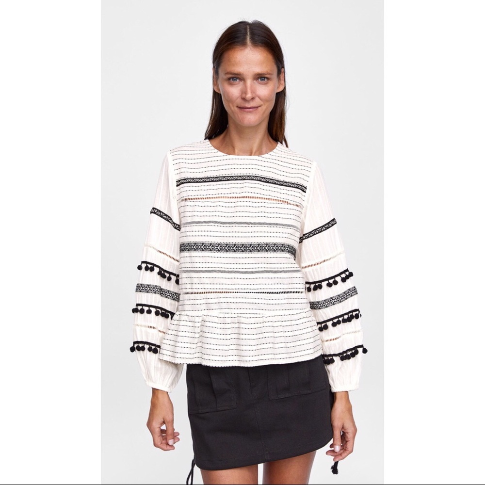 NWT Zara Pompom Blouse Puff Sleeves Top